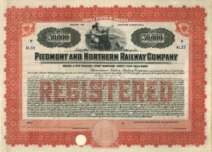 Piedmont and Northern Railway Co. $50,000 Gold Bond signed by James B. Duke